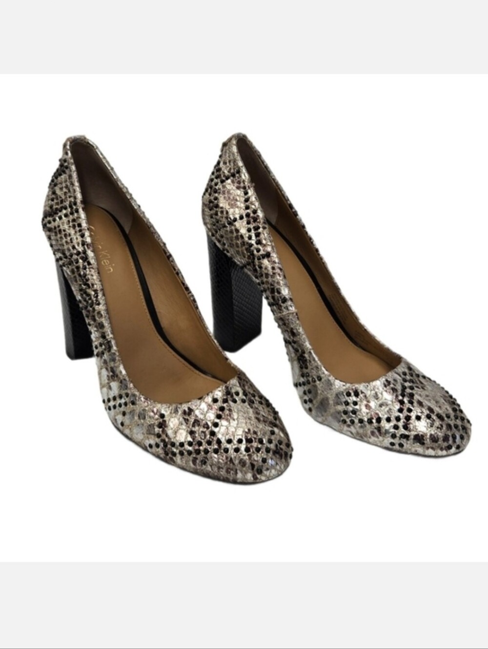 Calvin Klein JUNIE Snake Print Leather Block Heel Pumps